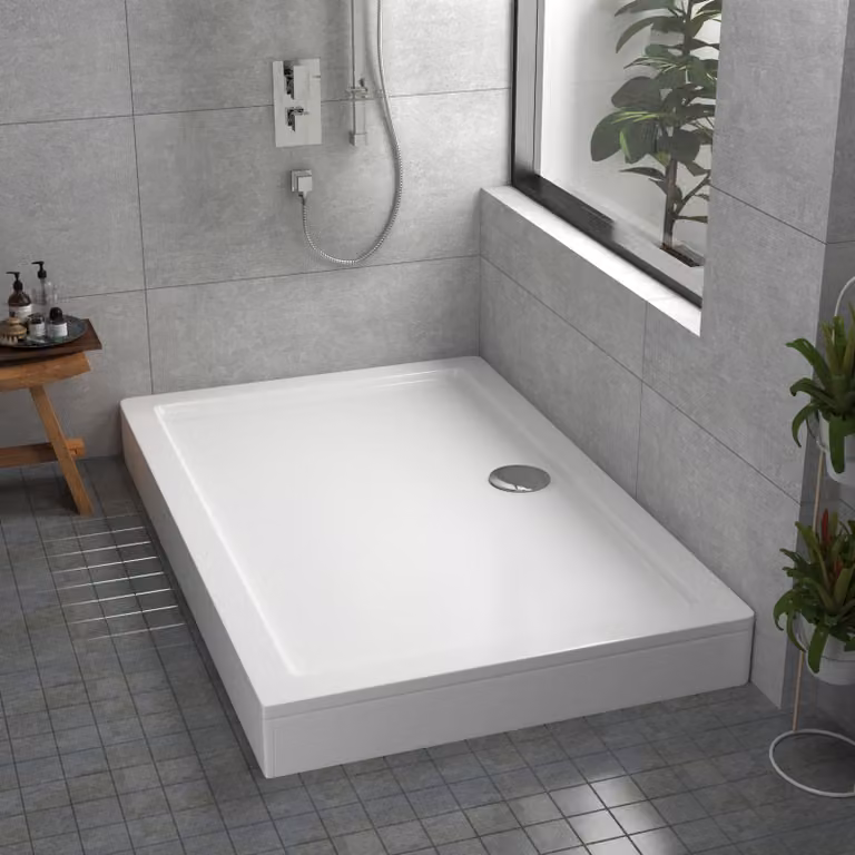 Apex White Rectangular Mineral Cast Stone Shower Tray with Riser Kit W: 150 cm, D: 90 cm, H: 3 cm