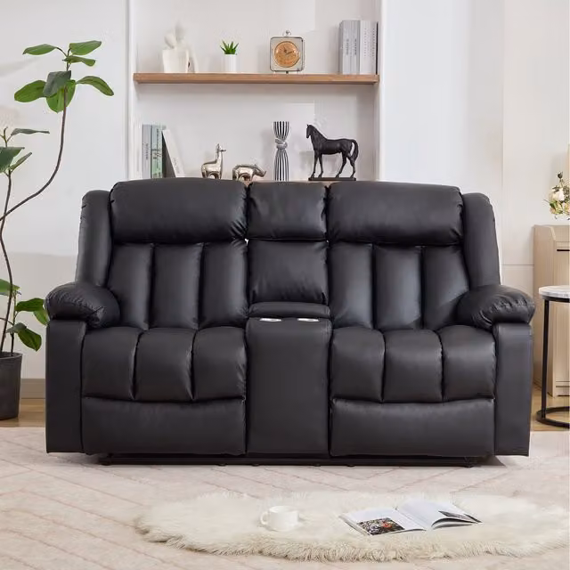 Sheridan 2 Seat Manual Recliner Sofa with Home Cinema Console in Black Synthetic Leather