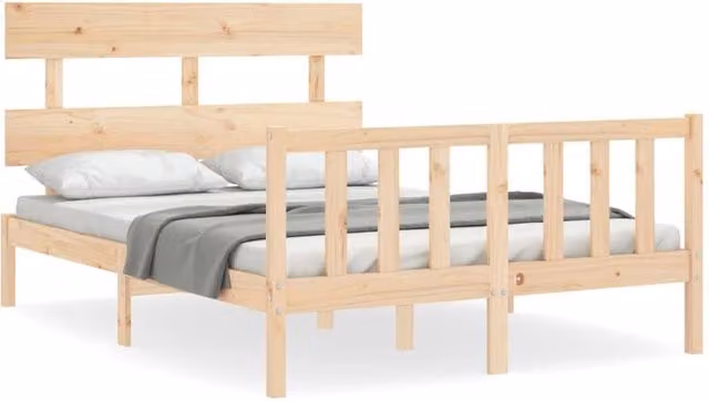 Berkfield Home Solid Pine Wood Bed Frame with Headboard in Natural, W/D/H: 140 x 190 cm