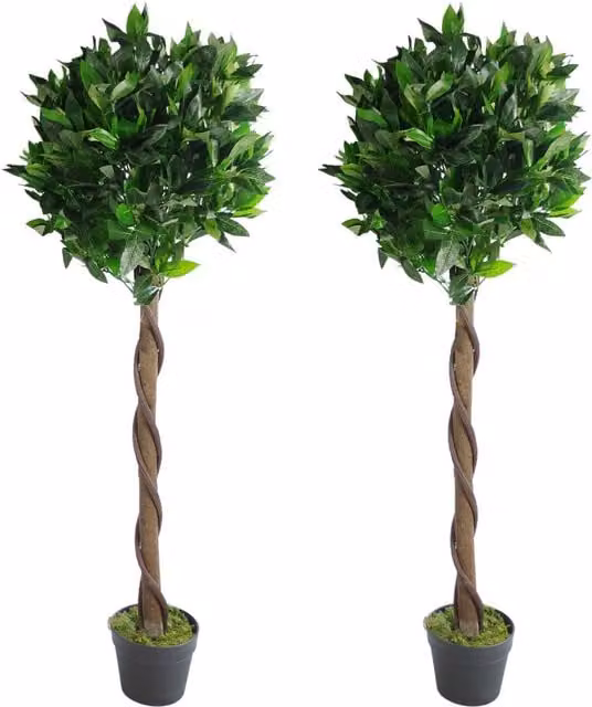 Leaf Pair of Green Artificial Bay Laurel Ball Topiary Trees with Twisted Stems, Height: 120 cm – 1