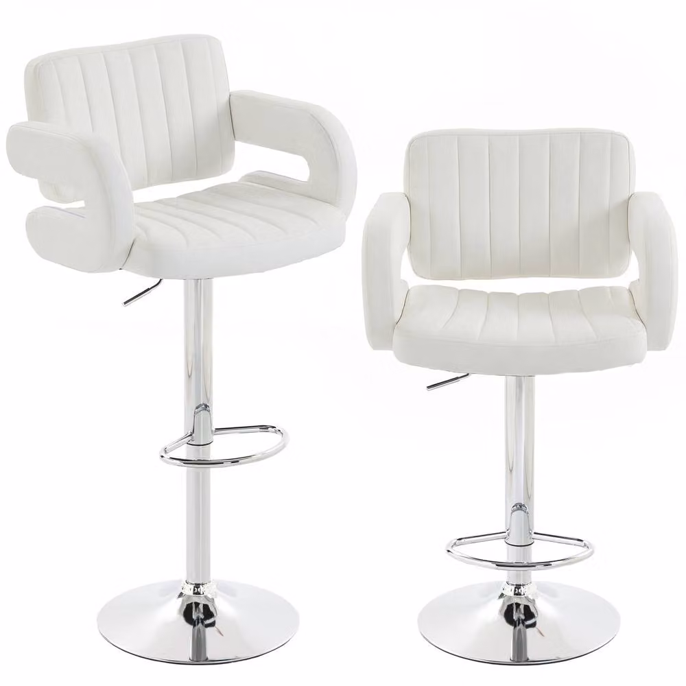HOMCOM Set of 2 Adjustable Swivel Bar Stools with Armrests in White Synthetic Leather – 2