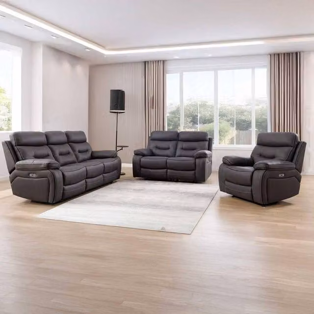 Furnishings For Less UK Renzo Grey Electric Recliner Sofa Suite (3+2+1) with USB Charging and Synthetic Leather Upholstery
