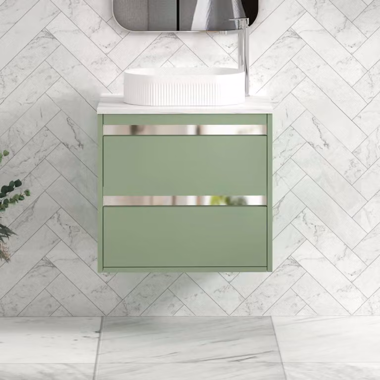 Royal Bathrooms Orion 800mm Mint Sage Wall Hung Countertop Vanity Unit with 2 Drawers, Lyon Basin and Chrome Accent Trim