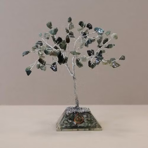 KDMD Moss Agate Gemstone Tree with Organite Base in Green – 1