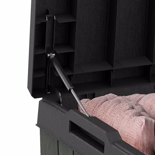Keter Darwin 454L Outdoor Storage Box and Bench in Green, featuring Evotech Wood-Effect Composite and a Lockable Hydraulic Lid – 4