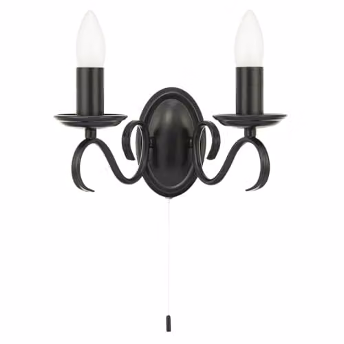 Happy Homewares Traditional Vintage Wall Light Fitting with Pull Chain and Black Metal Scroll Arms, W/D/H: 26 x 15 x 12 cm