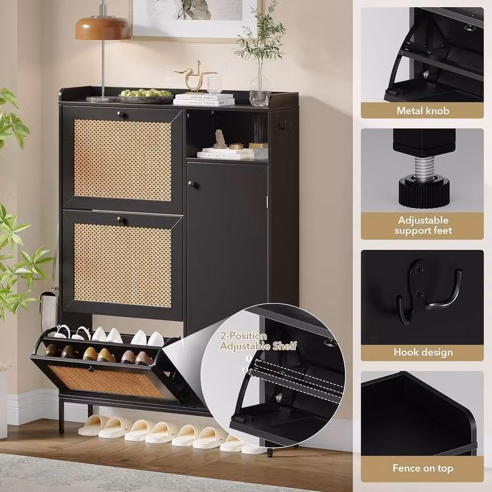 London Boutique Modern Black Shoe Cabinet with 3 Tilting Compartments and Open Shelf for Hallway or Bedroom Storage – 6