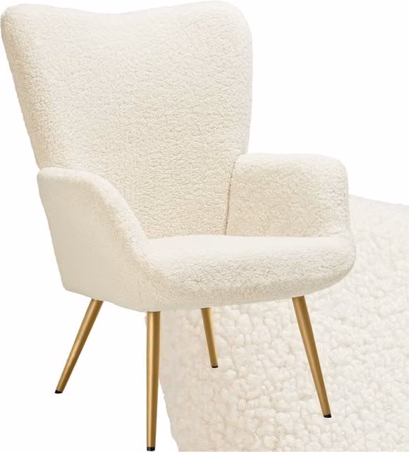 Tectake Hygge Scandinavian Lounge Armchair with Ottoman in Cream Bouclé and Gold Metal Frame