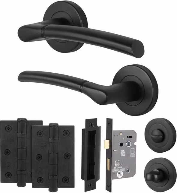 AFIT Matt Black Round Rose Bathroom Door Handle Set with WC Lock and Hinges, W/D/H: 15 x 15 x 6 cm – 1