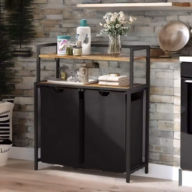 Rafaelo Mobilia Industrial Double Laundry Basket with 2 Shelves in Dark Brown and Black