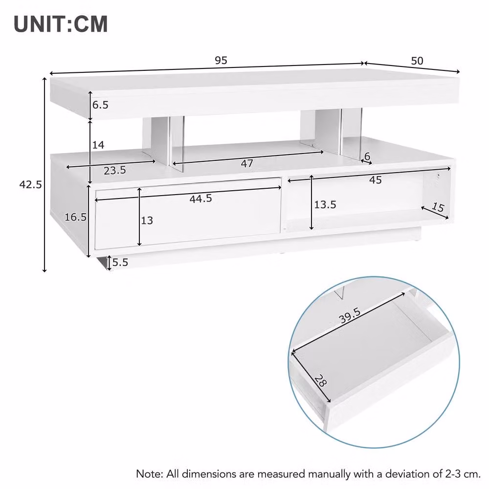 STILVORA Modern White Glossy Coffee Table with 2 Drawers, LED Lighting and Glass Top – 3