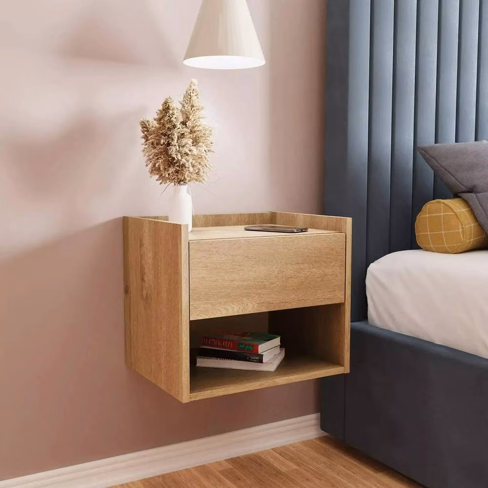 FORGEVIO Wall Mounted Pair of Oak Bedside Tables in Brown – 2
