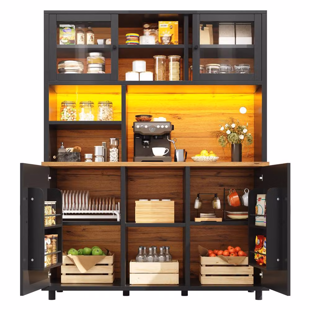 Rolipo Tall Black Retro Kitchen Cabinet with Integrated LED Lighting and Hinged Doors – 7