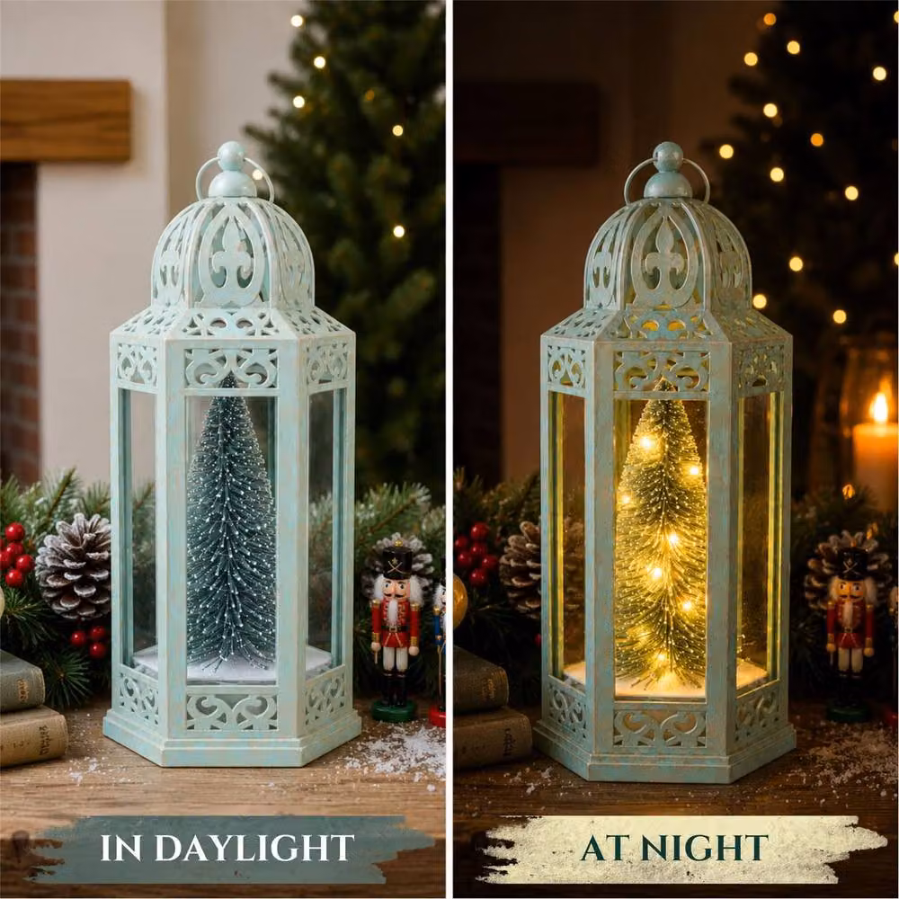 Shatchi Green Vintage Hexagonal LED Christmas Tabletop Lantern, Height: 30 cm – 4