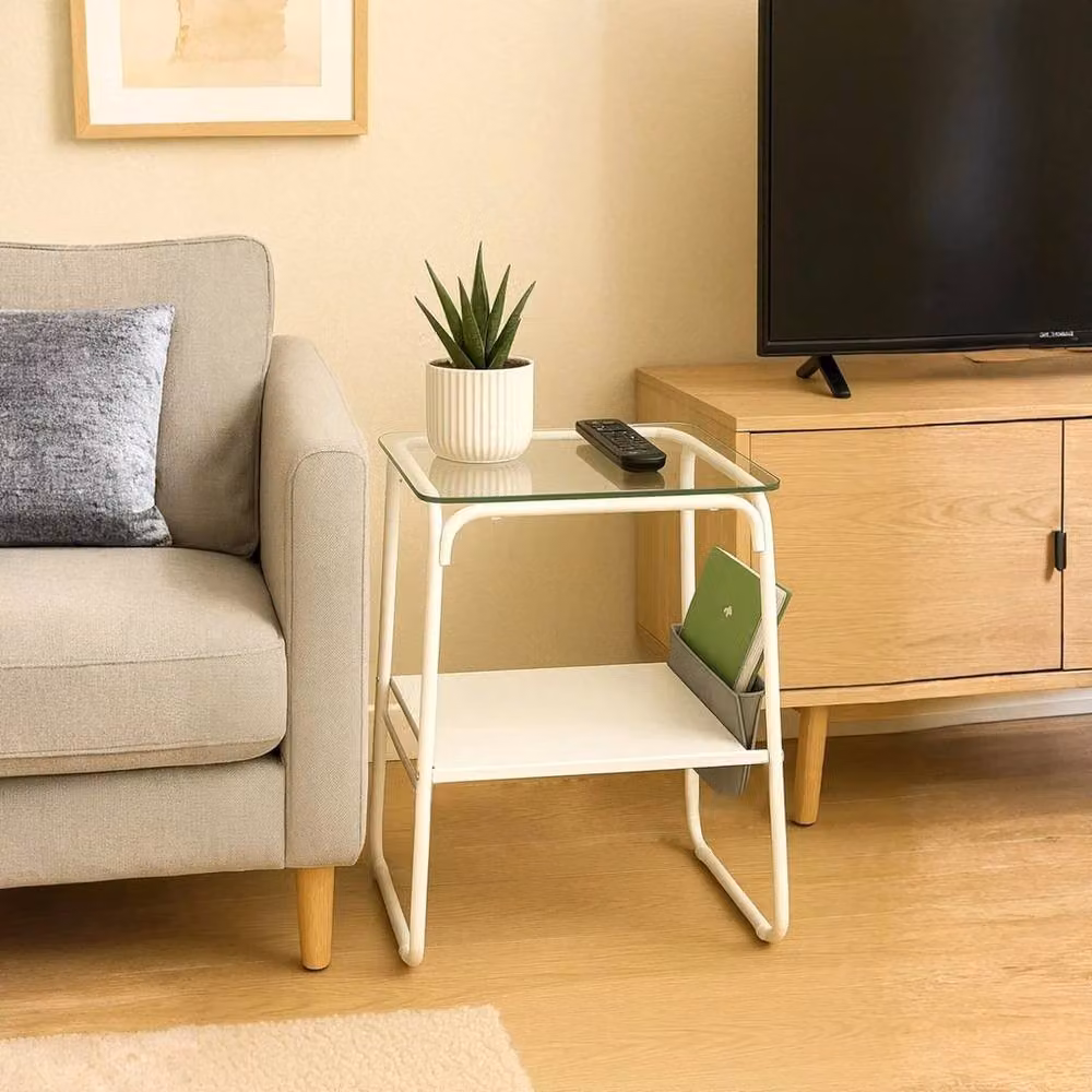 KORVIXA White 2 Tier Sofa Side Table with Pocket Storage Shelf W/D/H: 100 x 100 x 100 cm – 3