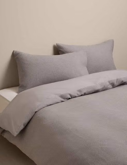M&S Washed Cotton Waffle Bedding Set in Grey, 140 x 200 cm