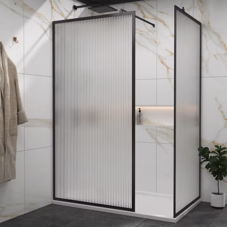 Royal Bathrooms Luxor Walk In Fluted Shower Enclosure with Matt Black Frame and Acrylic Tray, W: 120 cm, D: 76 cm