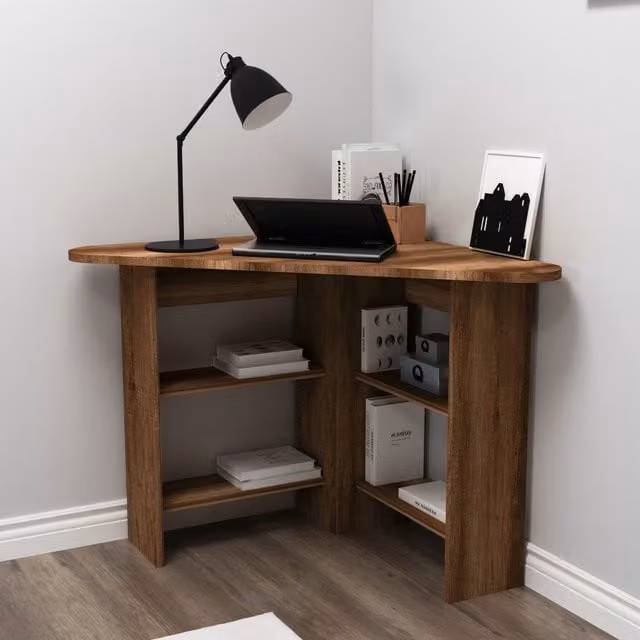 Destina Home Modern Corner Computer Desk with Shelves in Brown