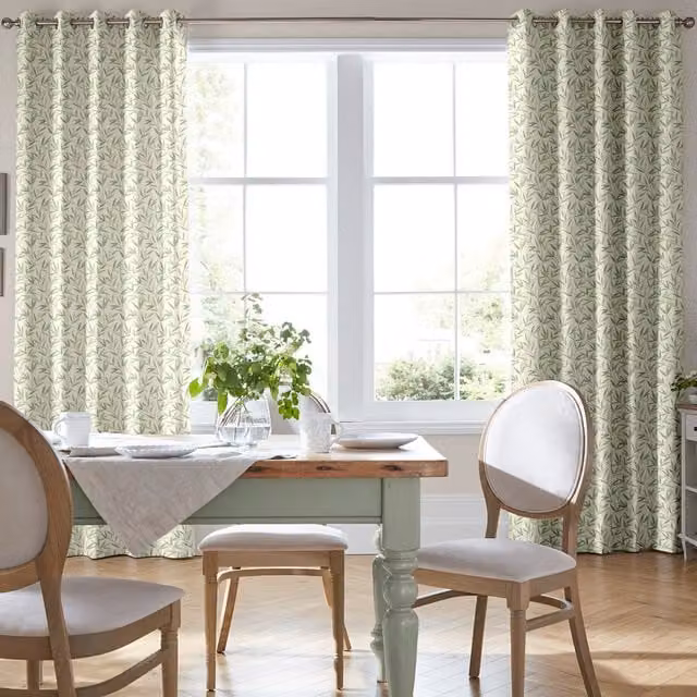 Laura Ashley Willow Leaf Made To Measure Blackout Floral Eyelet Curtains in Green