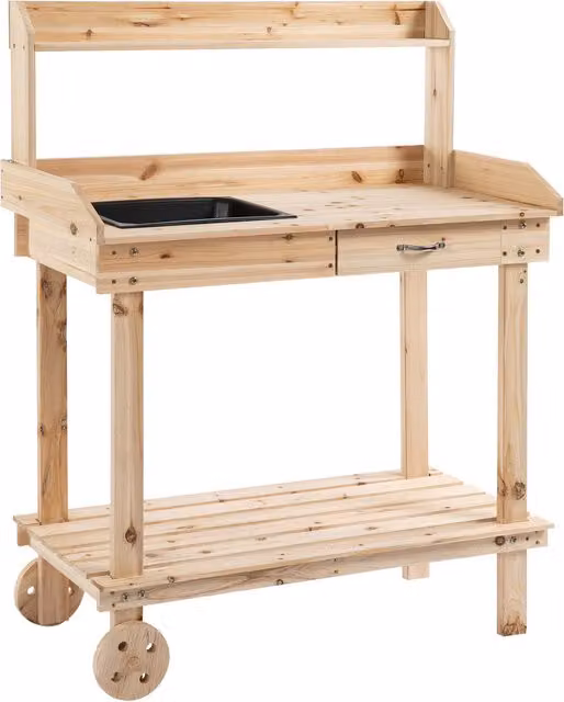 Outsunny Wooden Garden Potting Bench with Sink, Drawer and Storage, Brown, W/D/H: 92 x 45 x 119 cm – 1
