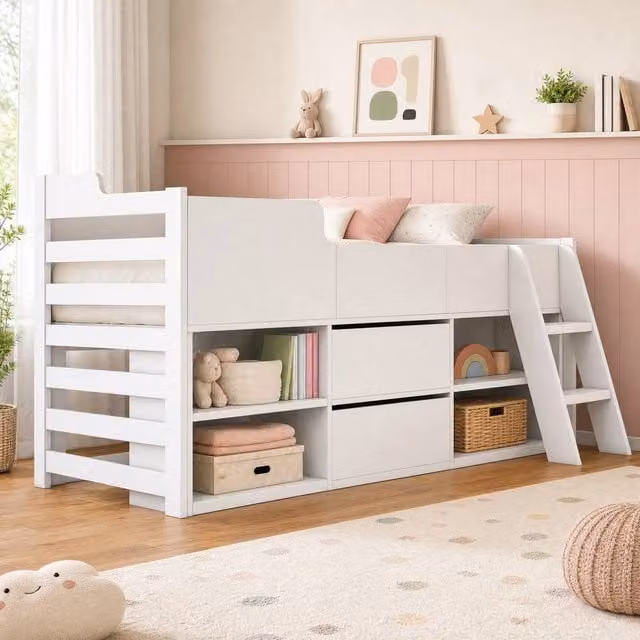 STILVORA Modern Childrens Bed Frame with Storage Drawers and Bedside Shelf, White, W/D/H: 90 x 190 x 92 cm
