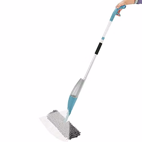 AMOS Extendable Spray Mop in Blue and Silver with Refillable Water Tank and 2 Washable Microfibre Pads for Wet and Dry Cleaning – 1