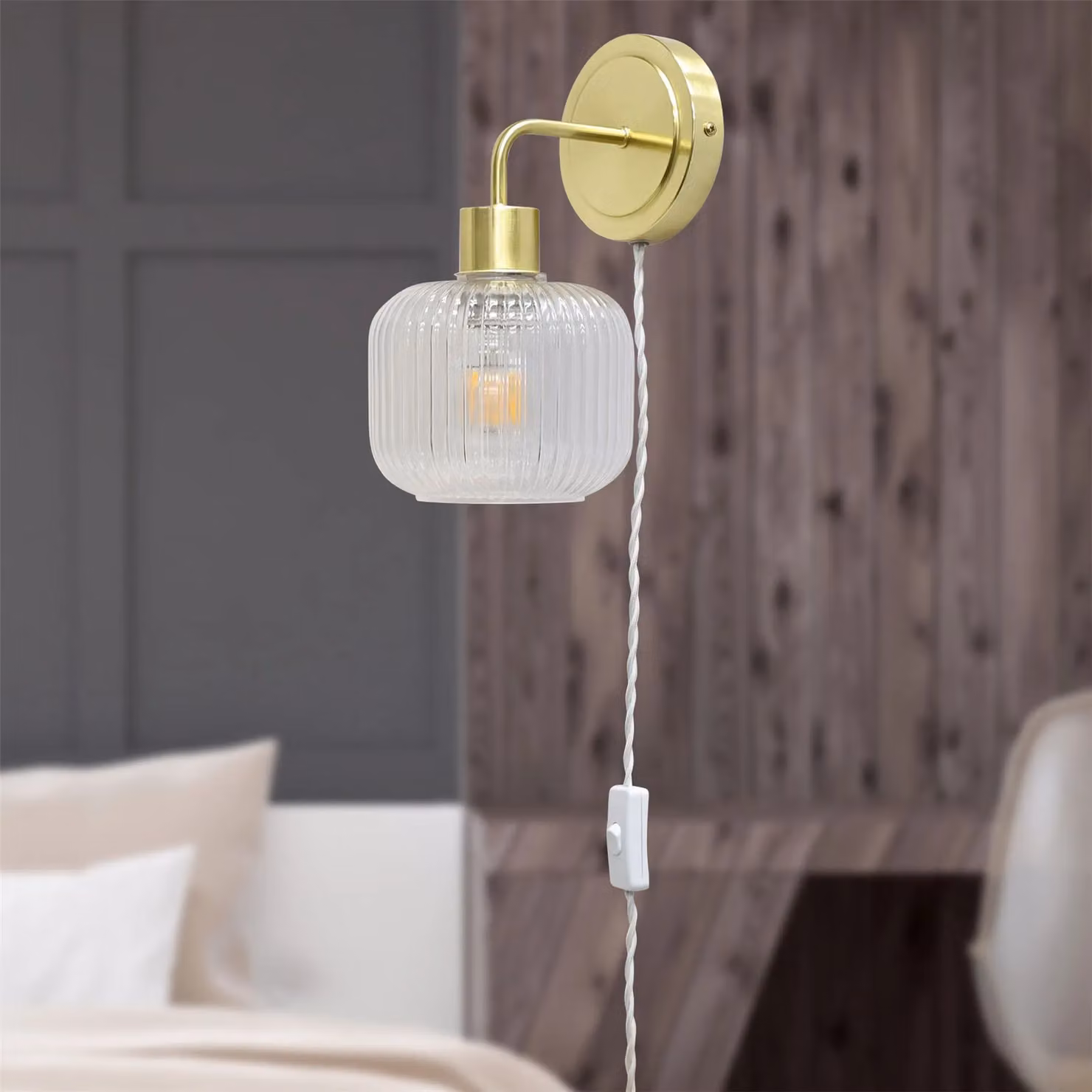 First Choice Lighting Toby Set of 2 Plug in Wall Lights in Gold/Brass with Transparent Glass Shades – 2
