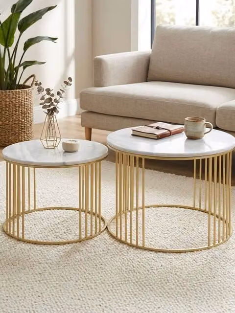 Orsina Set of 2 Round White Marble and Gold Geometric Side Tables – 1