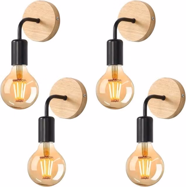 Goeco Pack of 4 Vintage Black and Wood Wall Lights for Indoor Use