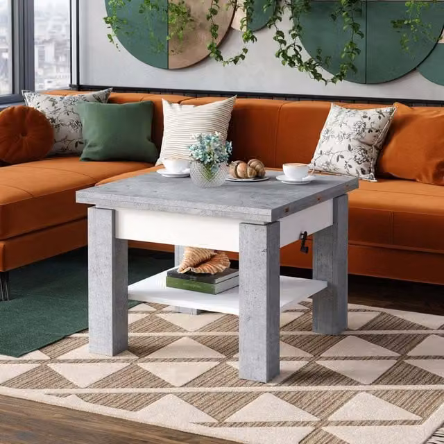 Heze Furniture Cleo 2 in 1 Extending Coffee and Dining Table in Concrete and White