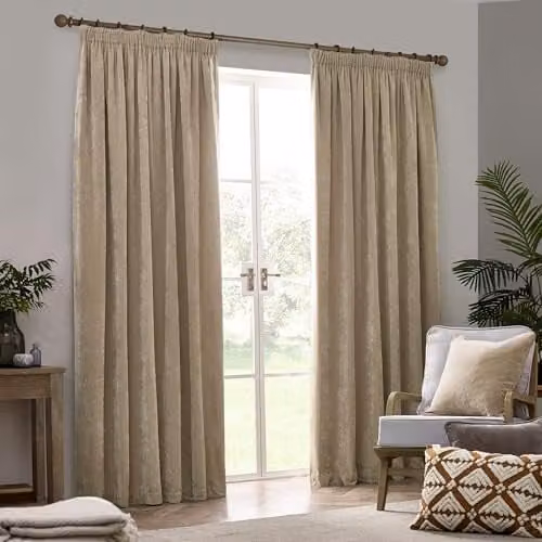 Riva Home Yard Heavy Chenille Velvet Pencil Pleat Curtain Pair in Beige, W: 168 cm, H: 183 cm – 2