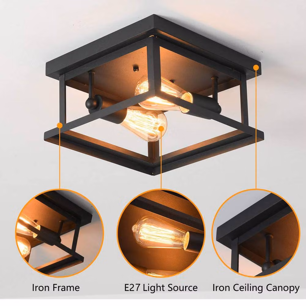 Garwarm 2-Light Retro Industrial Rectangular Black Metal Flush Mount Ceiling Light – 5