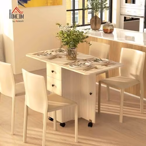HOMCOM Folding Drop Leaf Dining Table with Castors, Brown, W/D/H: 120 x 60 x 76.5 cm – 2
