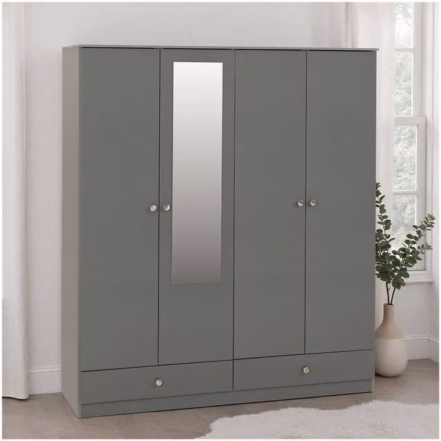 Seconique Denver 4 Door 2 Drawer Mirrored Wardrobe in Grey Gloss, H 175.5 cm x W 149.0 cm – 1