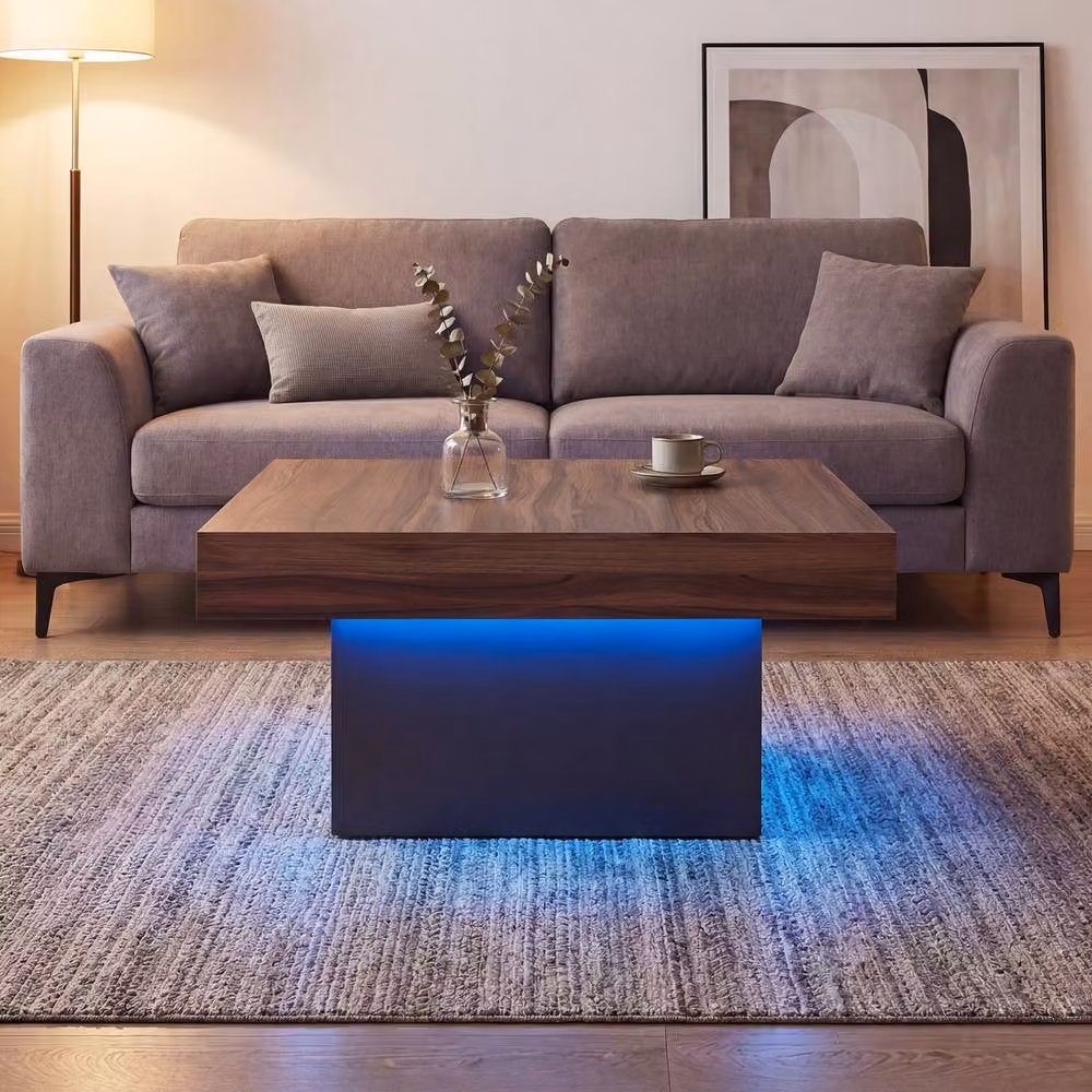 Gymax Square LED Coffee Table with Remote and 21 Dynamic Modes in Brown Wood Finish – 10