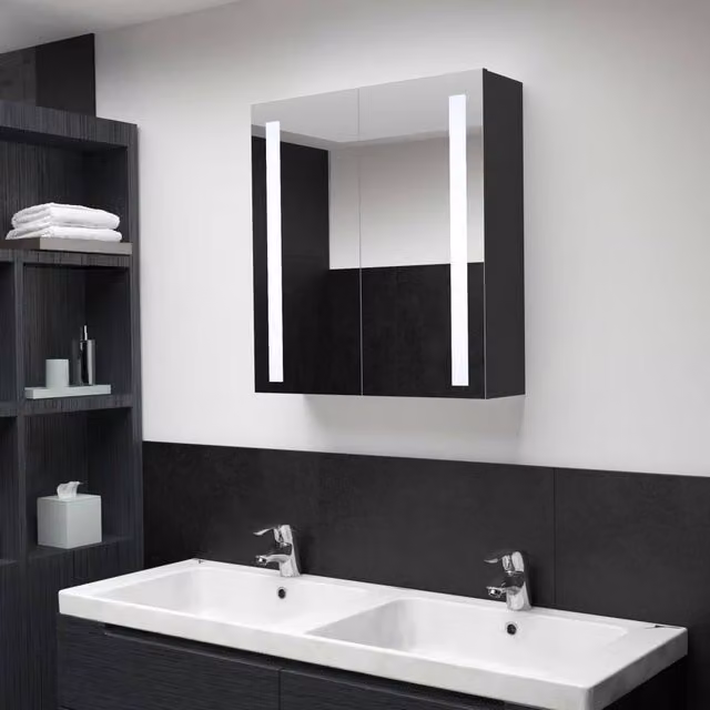 Berkfield Home LED Bathroom Mirror Cabinet in Black, W/D/H: 62 x 14 x 60 cm