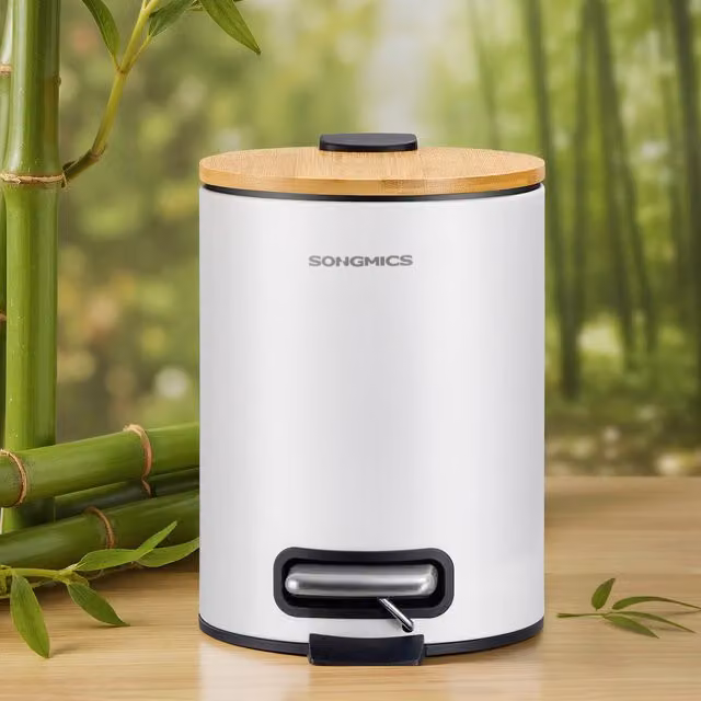 SONGMICS Small Metal Pedal Waste Bin with Bamboo Lid, White