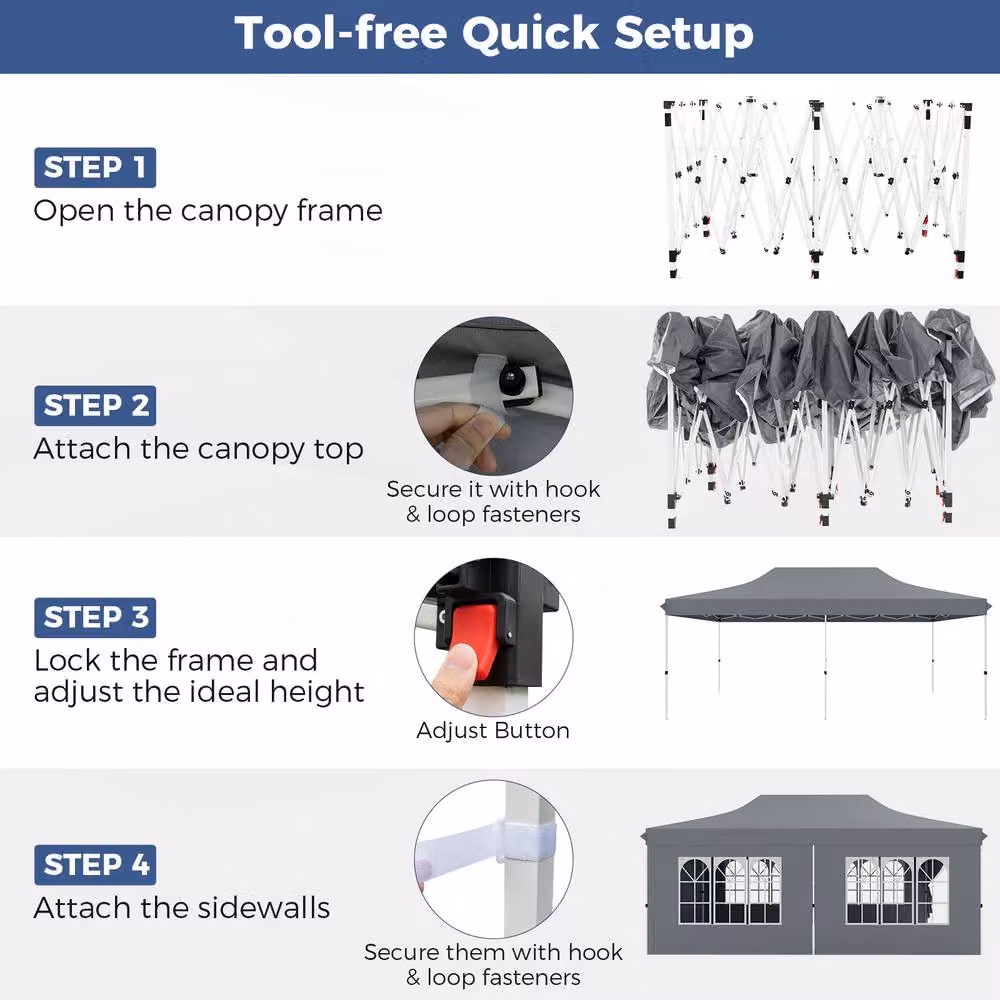 Gymax Portable Instant Pop Up Canopy Gazebo Tent with Windows, Grey, W: 6 m, D: 3 m – 6