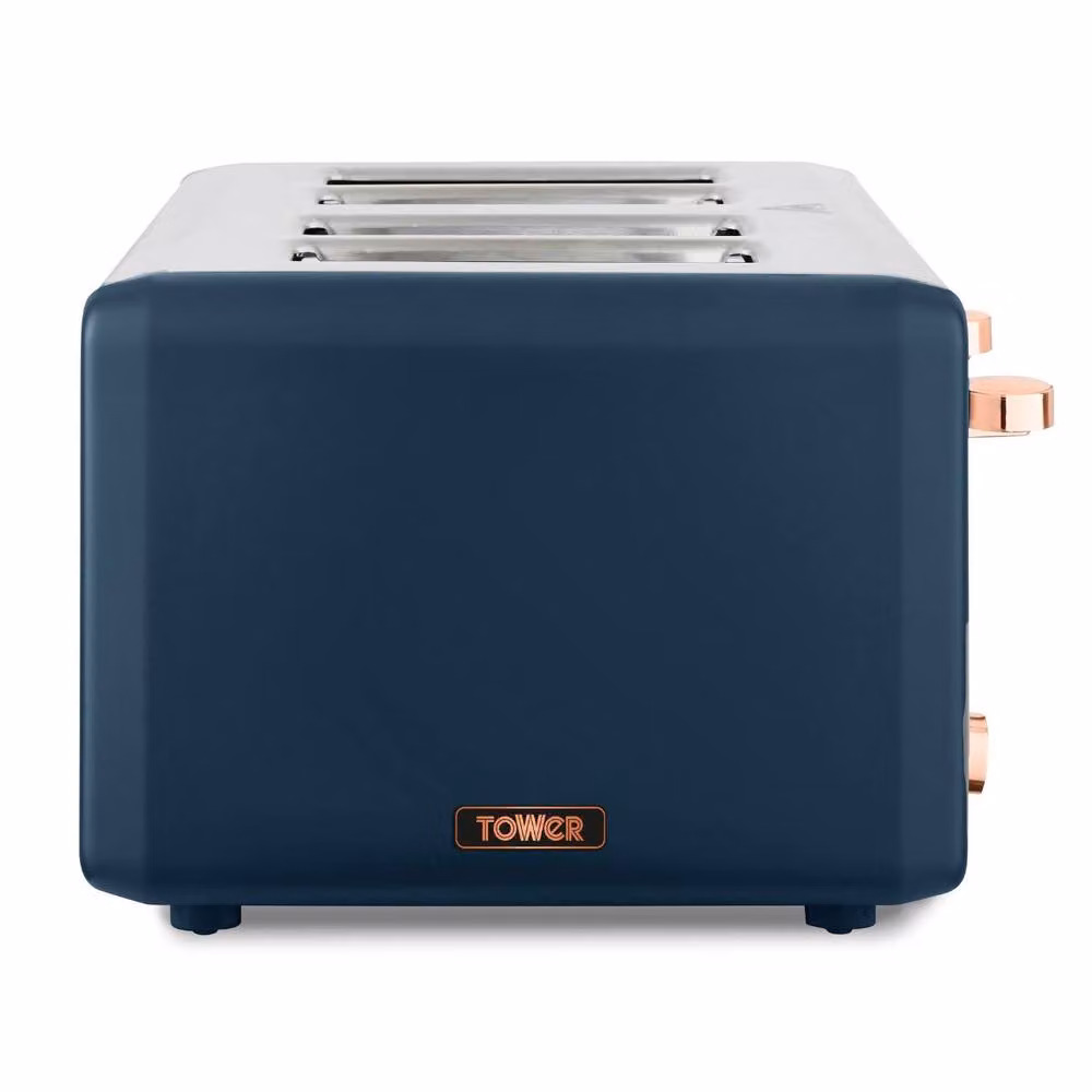 Tower Cavaletto 1.7L Rapid Boil Jug Kettle and 4 Slice Toaster Bundle in Midnight Blue with Rose Gold Accents – 4