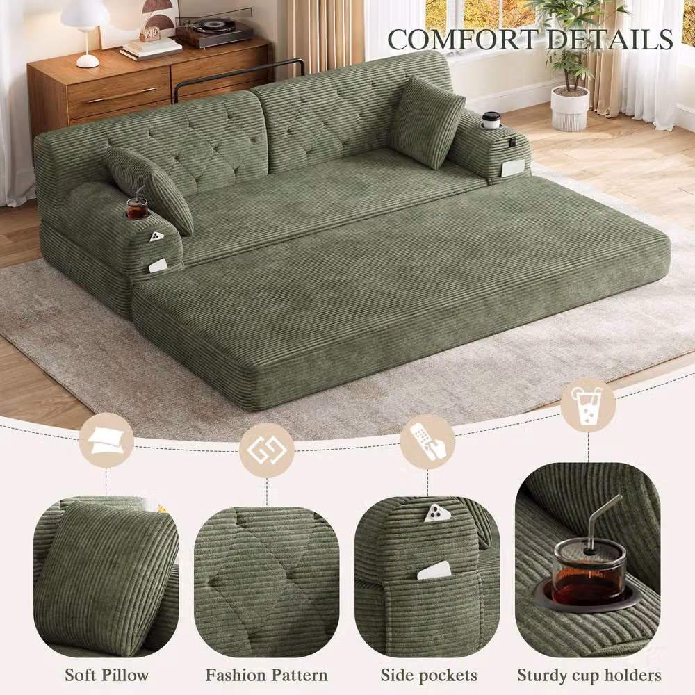 BTM 3 Seater Corduroy Sleeper Sofa in Green with Cup Holders and Side Pockets, W/D/H: 208 x 80 x 81 cm – 3