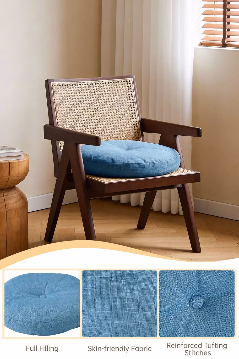 Living and Home Bohemian Style Round Linen Floor Cushion with Removable Cover in Blue – 2