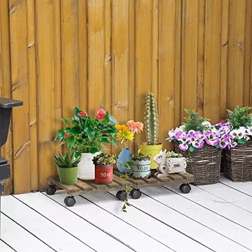 Outsunny 2 Pack Wooden Plant Caddy with Wheels in Brown, W/D/H: 30 x 30 x 7 cm – 2