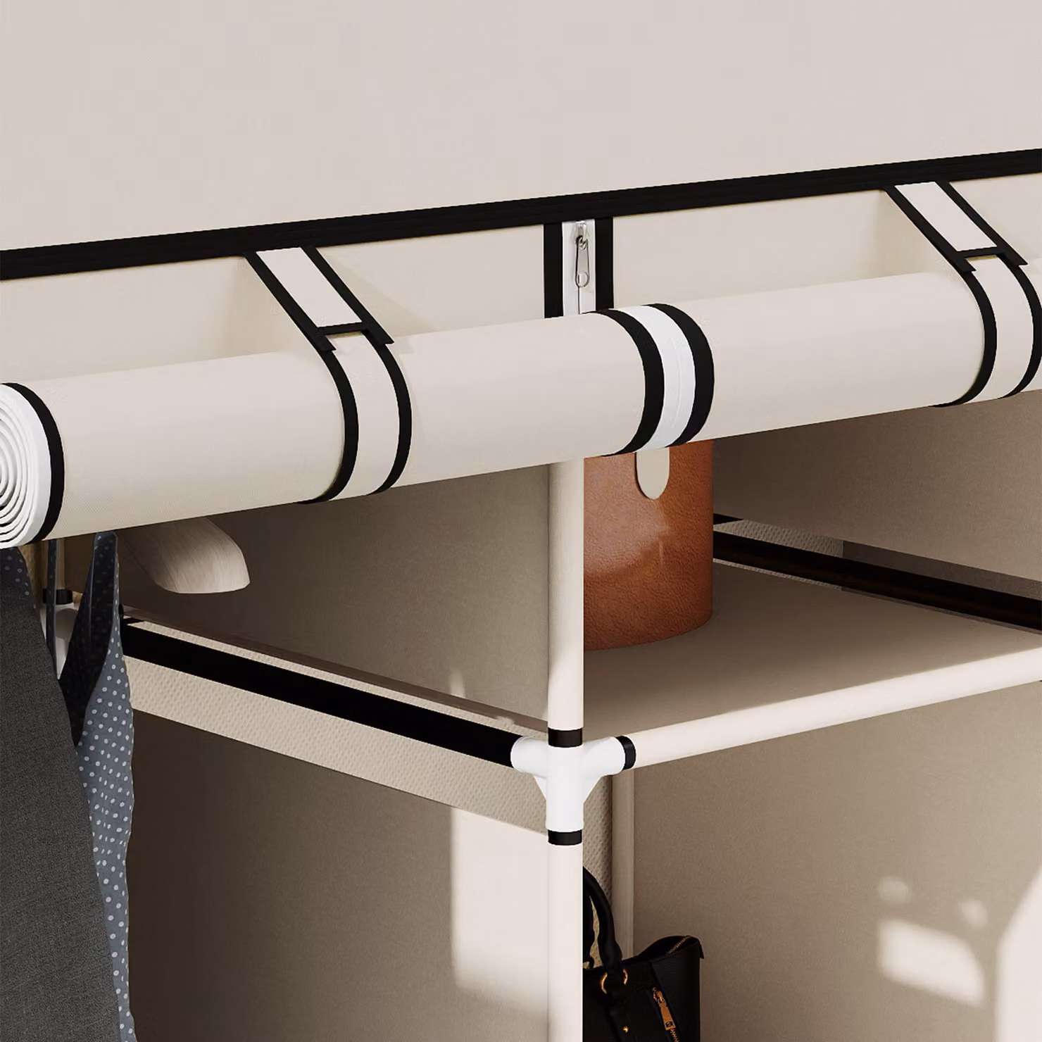 HOMCOM Portable Fabric Wardrobe with Roll Shutter, Hanging Rod and Internal Shelves, White, W/D/H: 125 x 43 x 162.5 cm – 3