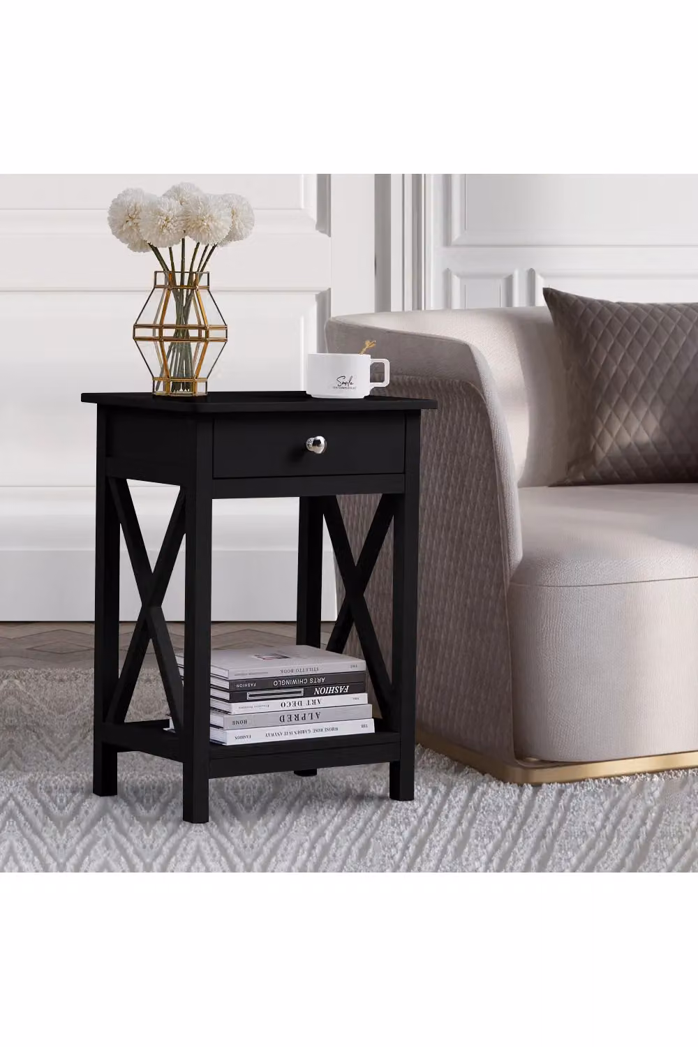 Living and Home Wooden Bedside Table with One Drawer and Shelf, Black, Height: 55.5 cm – 2