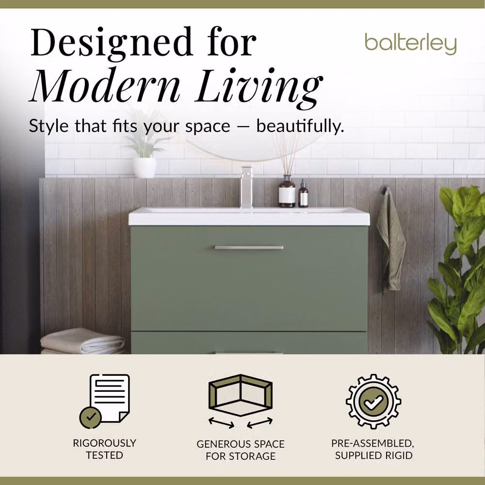 Balterley Modern Bathroom Floor Standing Vanity Unit with 2 Soft-Close Drawers and Mid-Edge Basin, Satin Green, W: 80 cm, D: 39 cm, H: 84 cm – 2