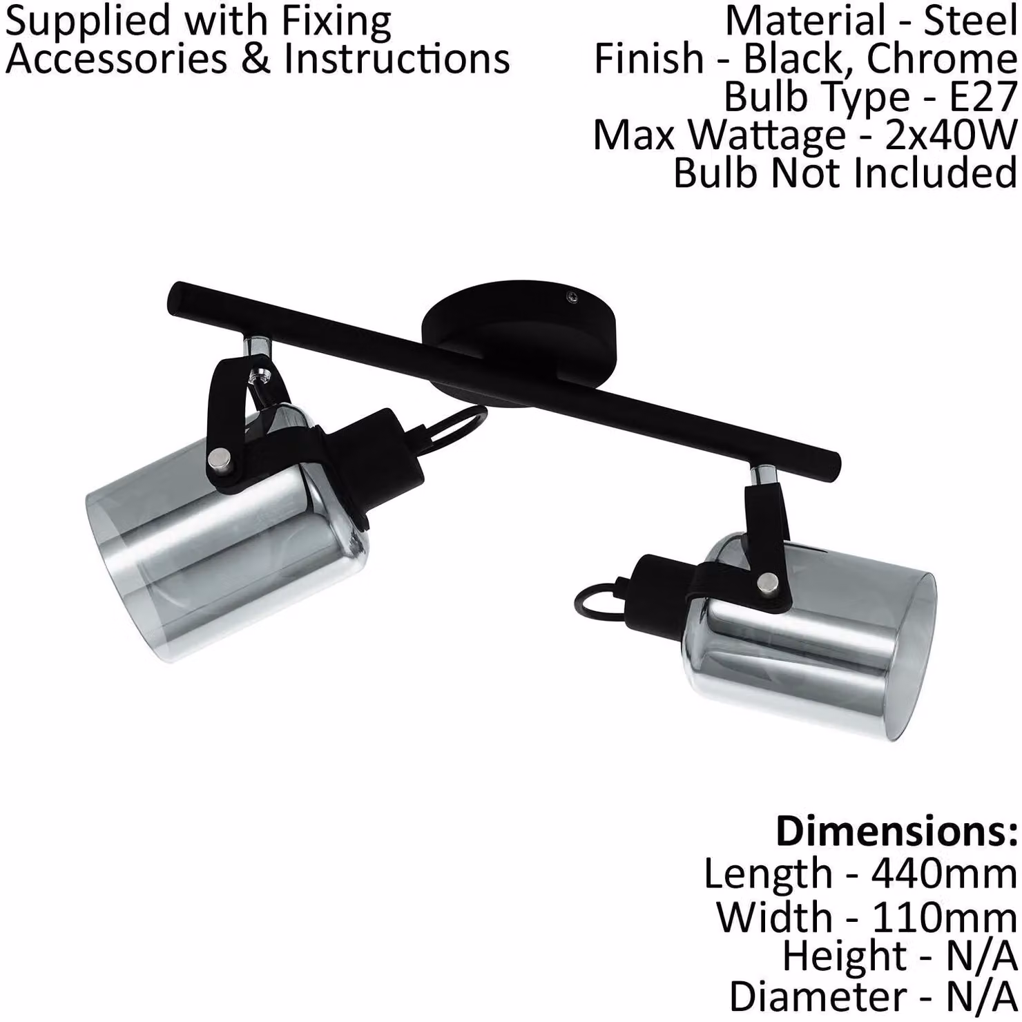 Loops Modern Flush Ceiling Light with Black Chrome Shade and Black Glass, E27 Bulb Compatible – 2