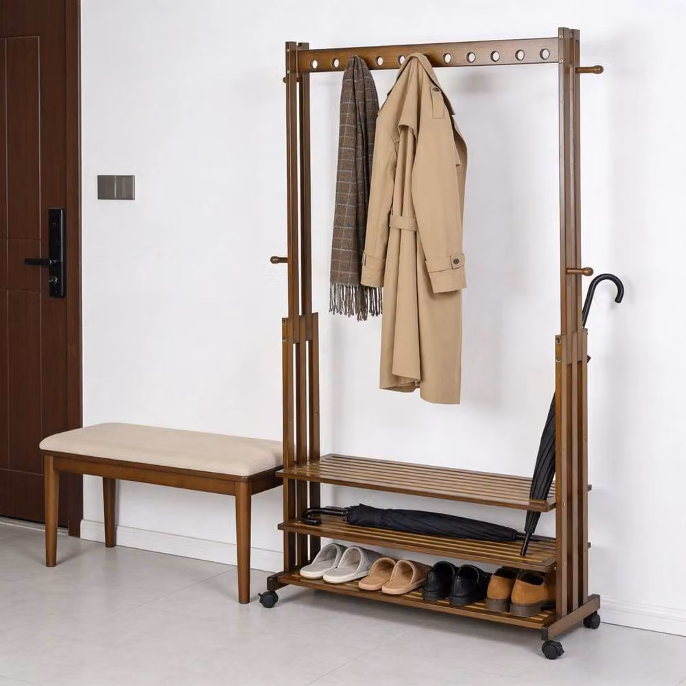 KORVIXA Rustic Brown Solid Wood Clothes Rail with Dual Hook and Rail Matrix – 5