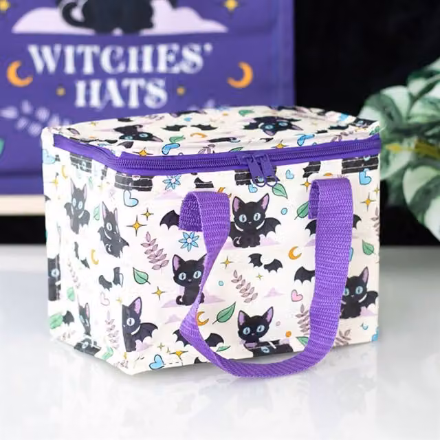 KDMK Insulated Lunch Bag with Cute Creepy Cat Print in Purple, Black and Multicolour