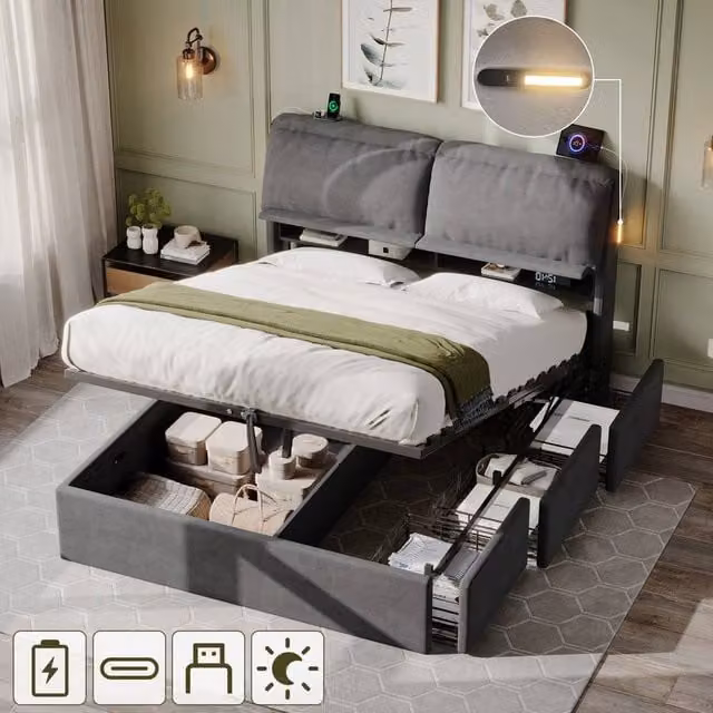 Rolipo Grey Velvet King Size Bed with Hydraulic Storage, LED Lighting and USB Ports, W/D/H: 180 x 200 cm – 1
