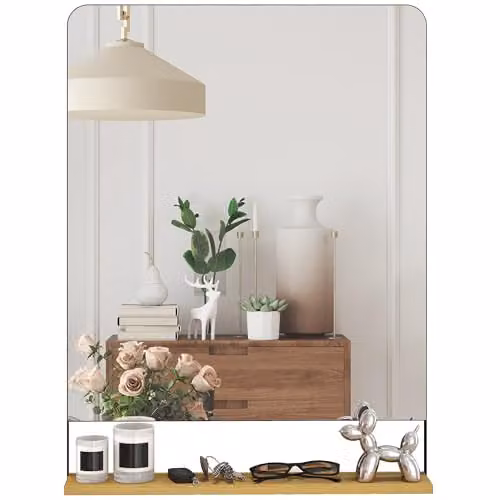 HOMCOM Industrial Wall Mirror with Wood Shelf and Metal Frame, Black, W: 80 cm, H: 60 cm